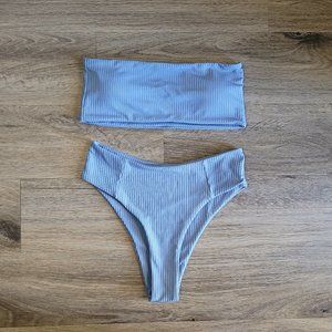 Rib Bandeau High Waisted Bikini Swimsuit | Dusty Blue
